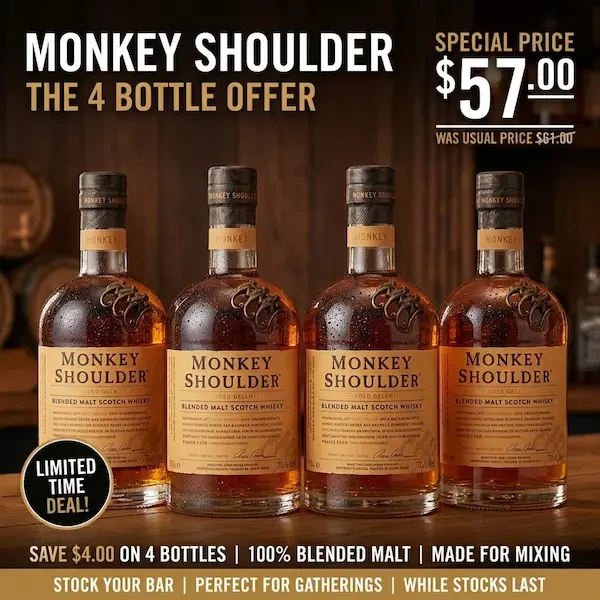 Buy 4 Monkey Shoulder At Offer Price of $57 Per Bottle Only